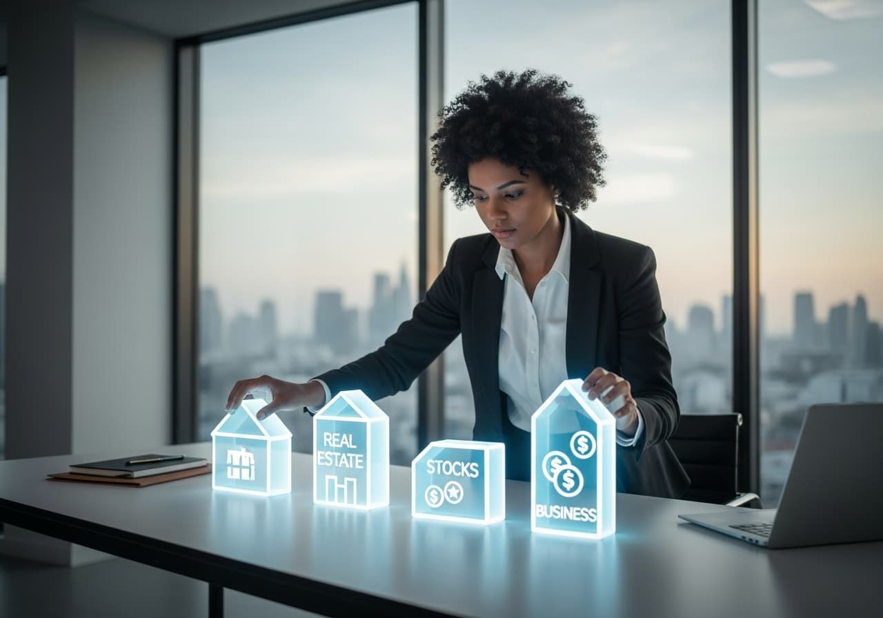 A confident woman in a modern office designs her financial future, arranging glowing architectural blocks on a table, symbolizing her wealth blueprint.
