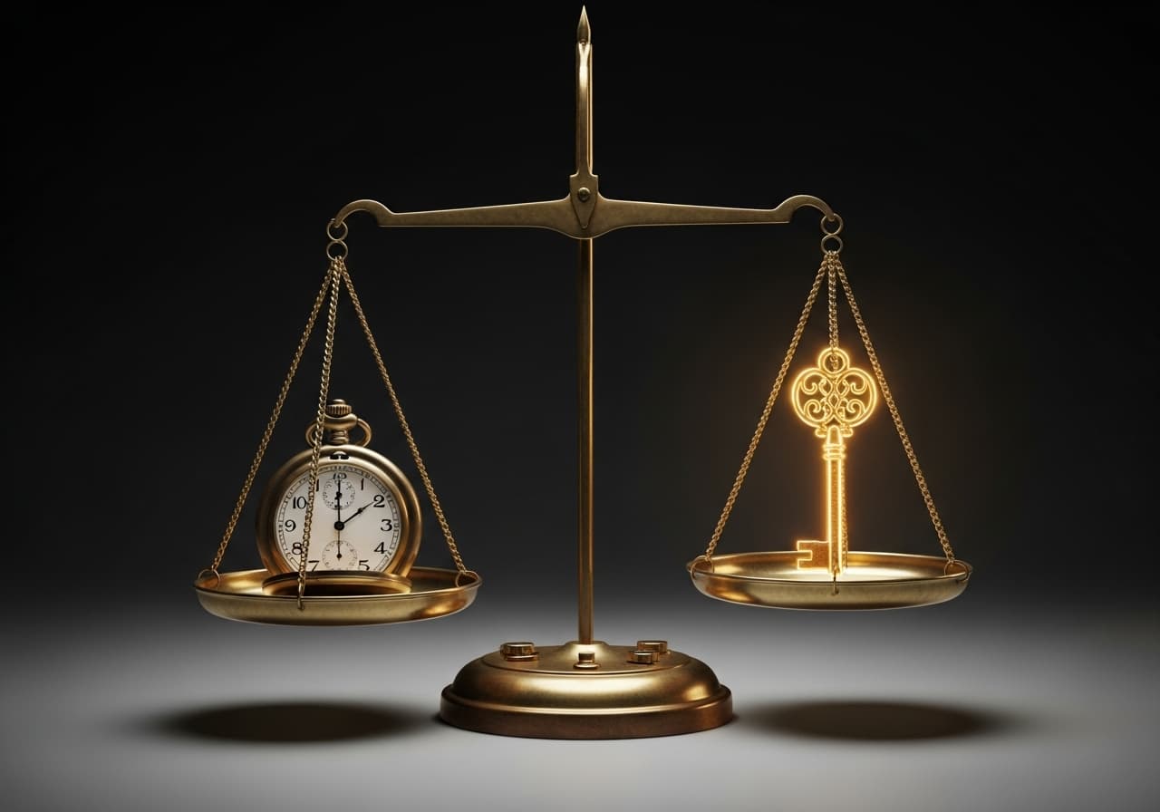 An elegant brass scale weighing a vintage pocket watch on one side against a heavier, glowing golden key on the other, symbolizing the greater weight of expertise over hourly time."